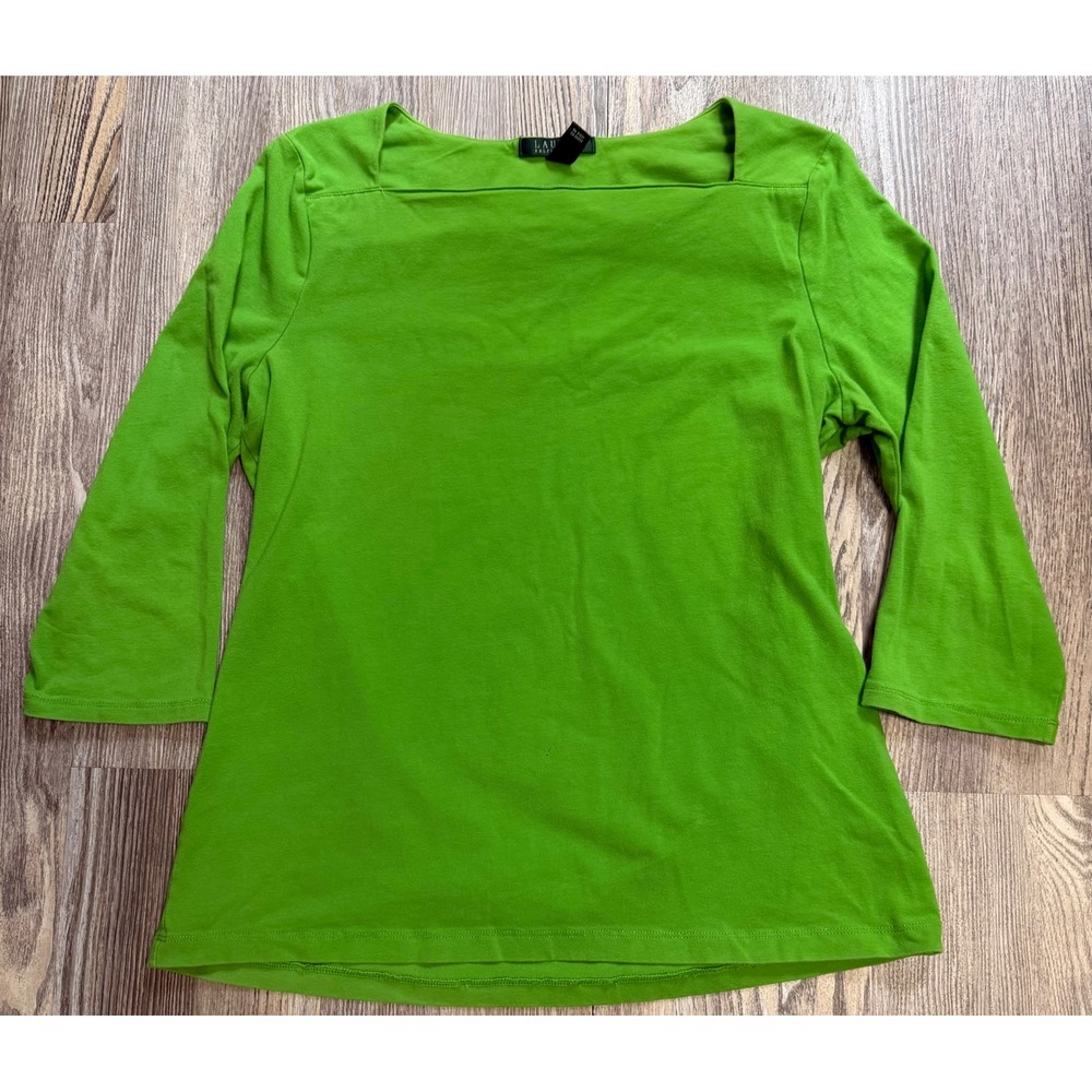 Lauren Ralph Lauren Green Square Neck 3/4 Sleeve Cotton Top XL